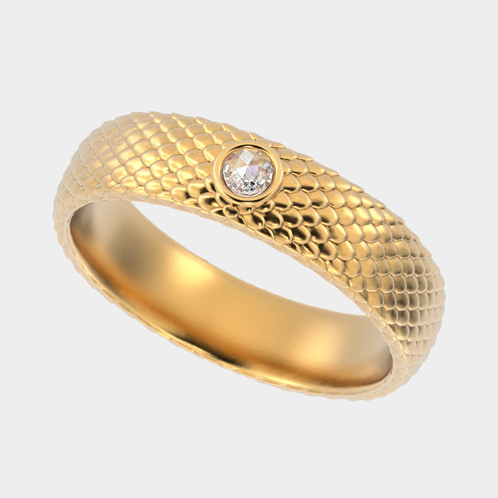 
                  
                    Unisex Snake Scale Gold Ring with Baguette Diamonds
                  
                
