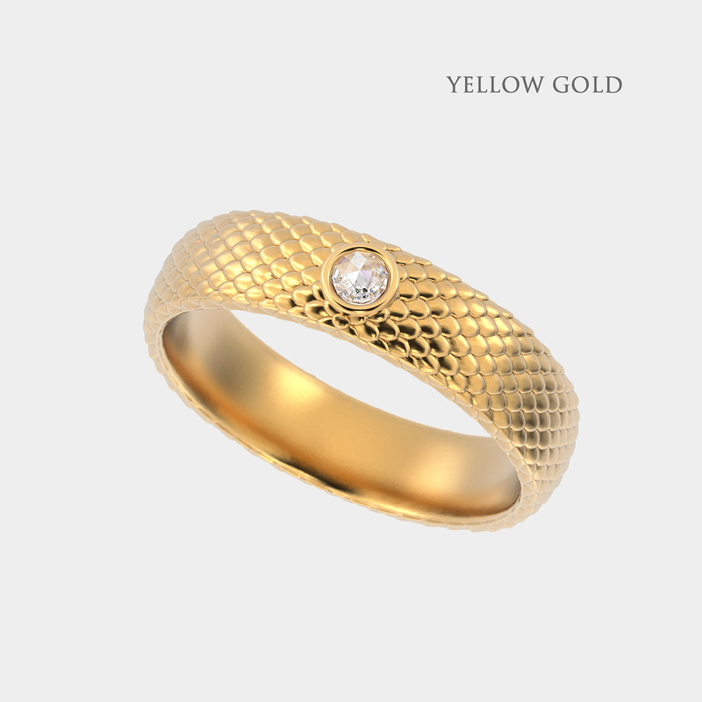
                  
                    Unisex Snake Scale Gold Ring with Baguette Diamonds
                  
                