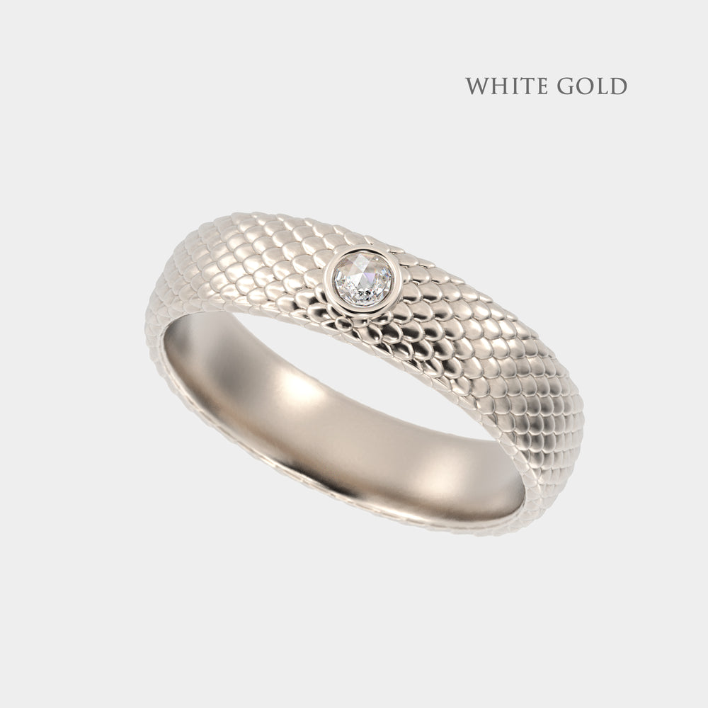 
                  
                    Unisex Snake Scale Gold Ring with Baguette Diamonds
                  
                